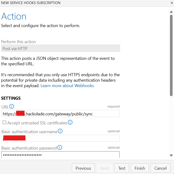 Azure DevOps project create webhook action