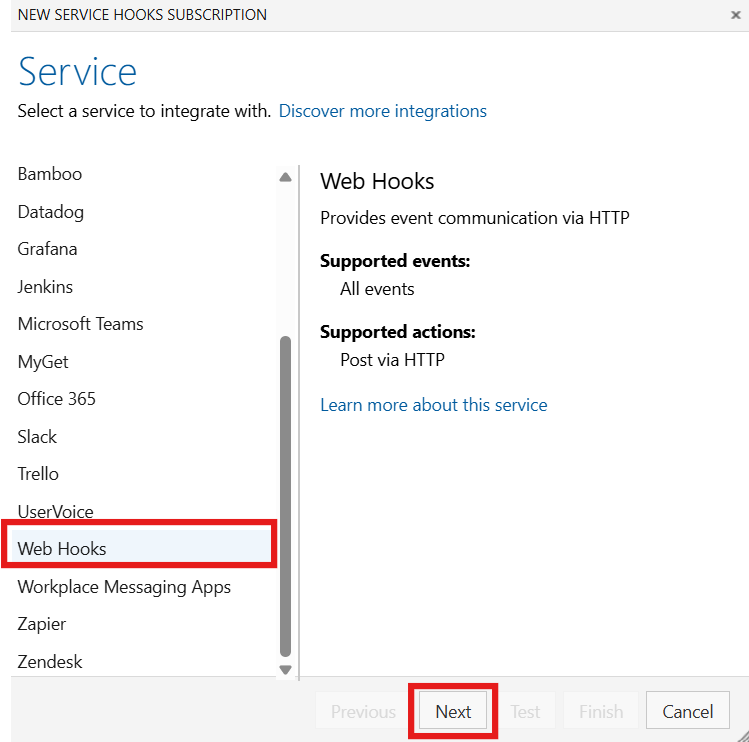 Azure DevOps project create webhook service