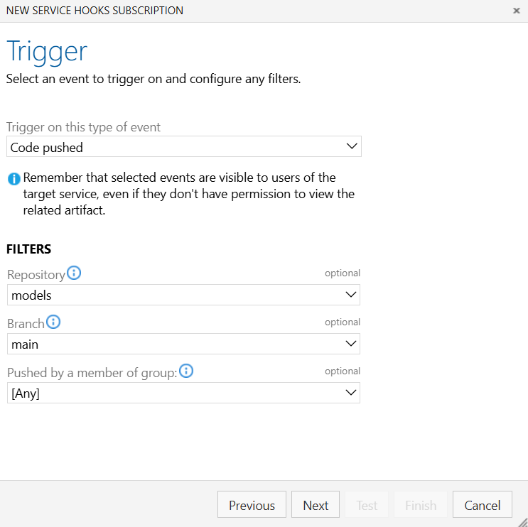Azure DevOps project create webhook trigger