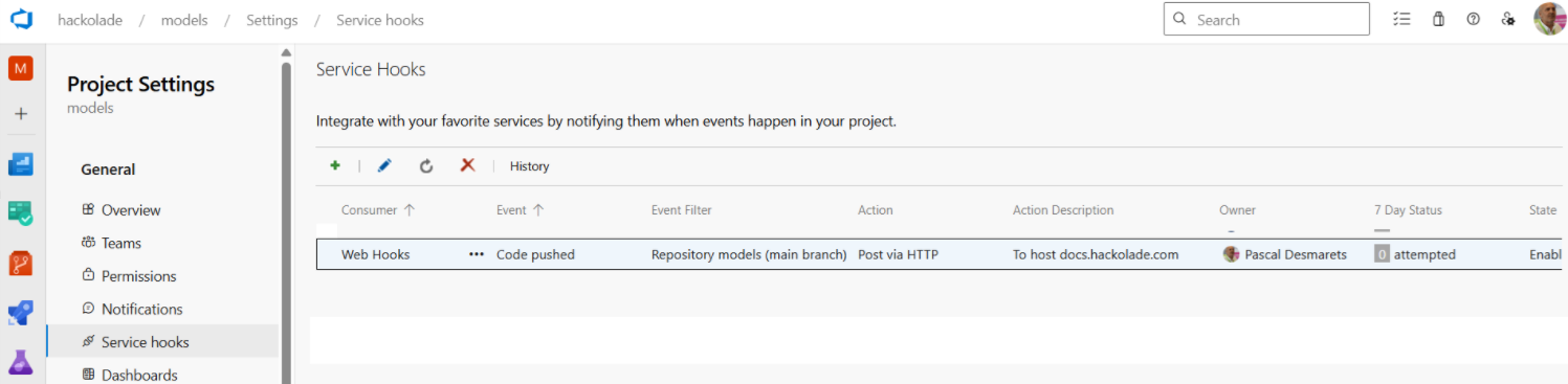 Azure DevOps project list of webhooks