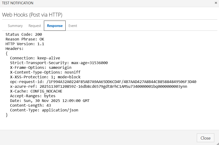 Azure DevOps service webhook response
