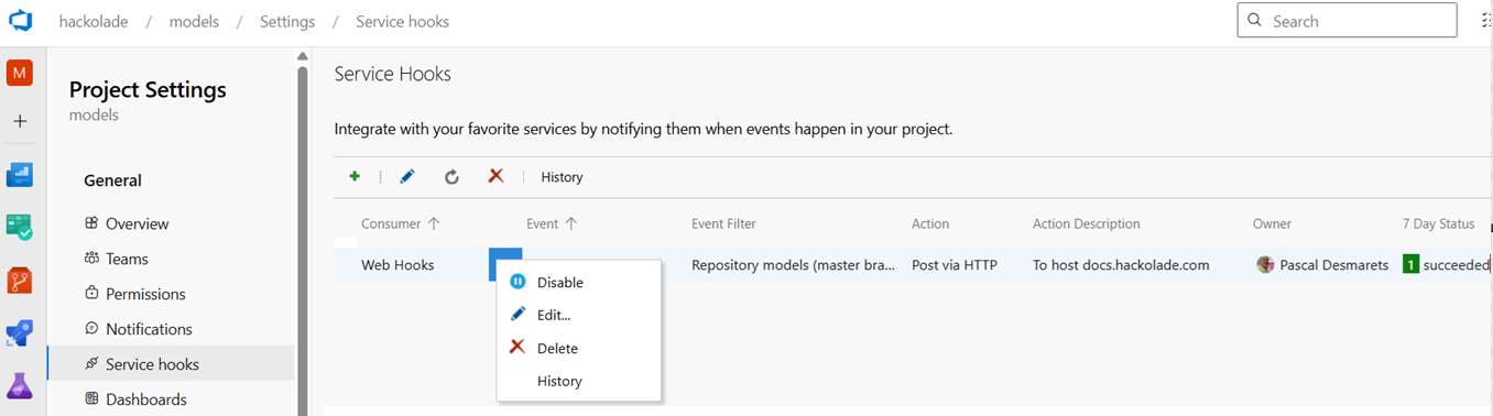 Azure DevOps service webhook screen