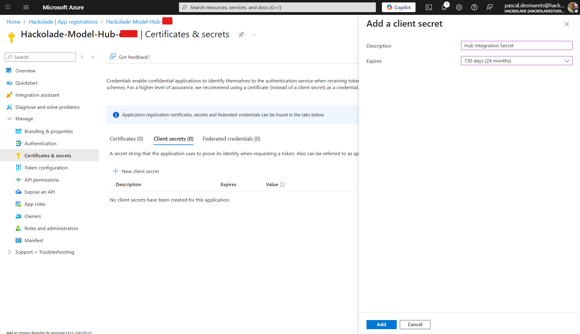 Azure create app client secret