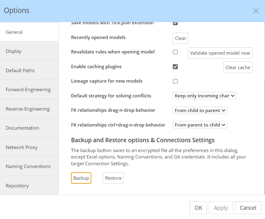 Backup preferences parameters connections