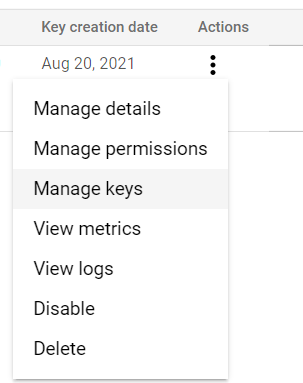 BigQuery Service Account key creation