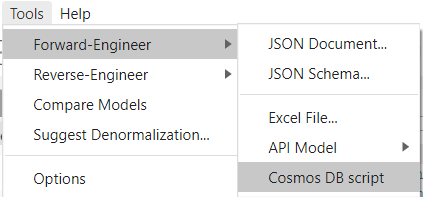 Cosmos DB SQL API forward-engineering menu