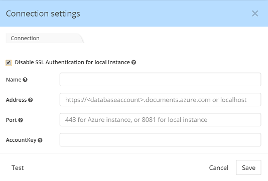 Cosmos DB connection settings dialog - local