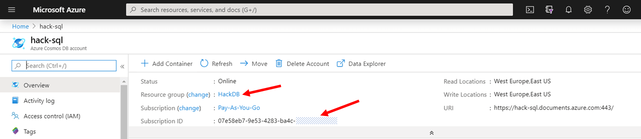 Synapse - Azure instance overview screen