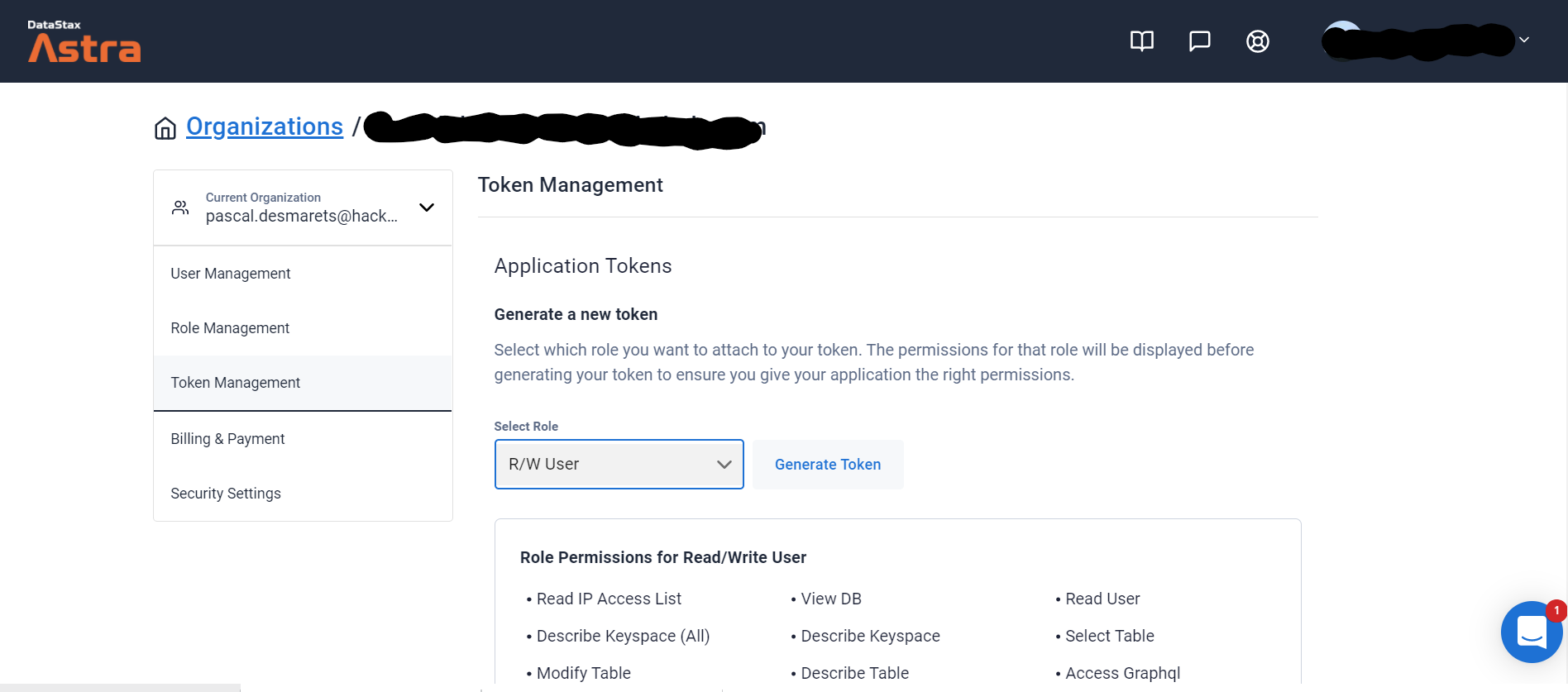 DataStax Astra console - token request