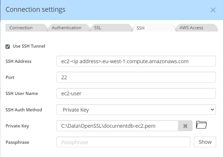 DocumentDB SSH tab