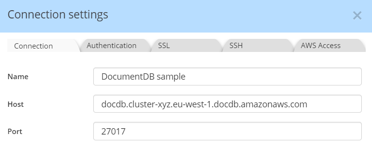 DocumentDB connection tab