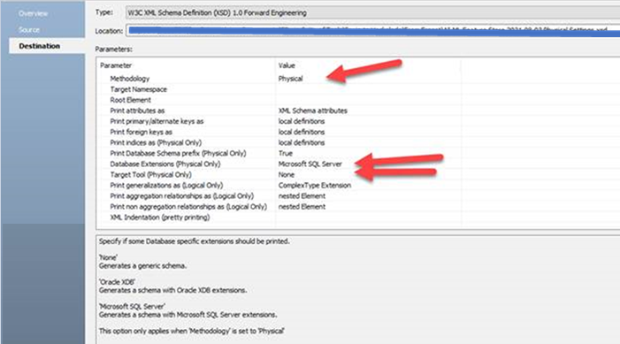 ERwin XSD export parameters - physical