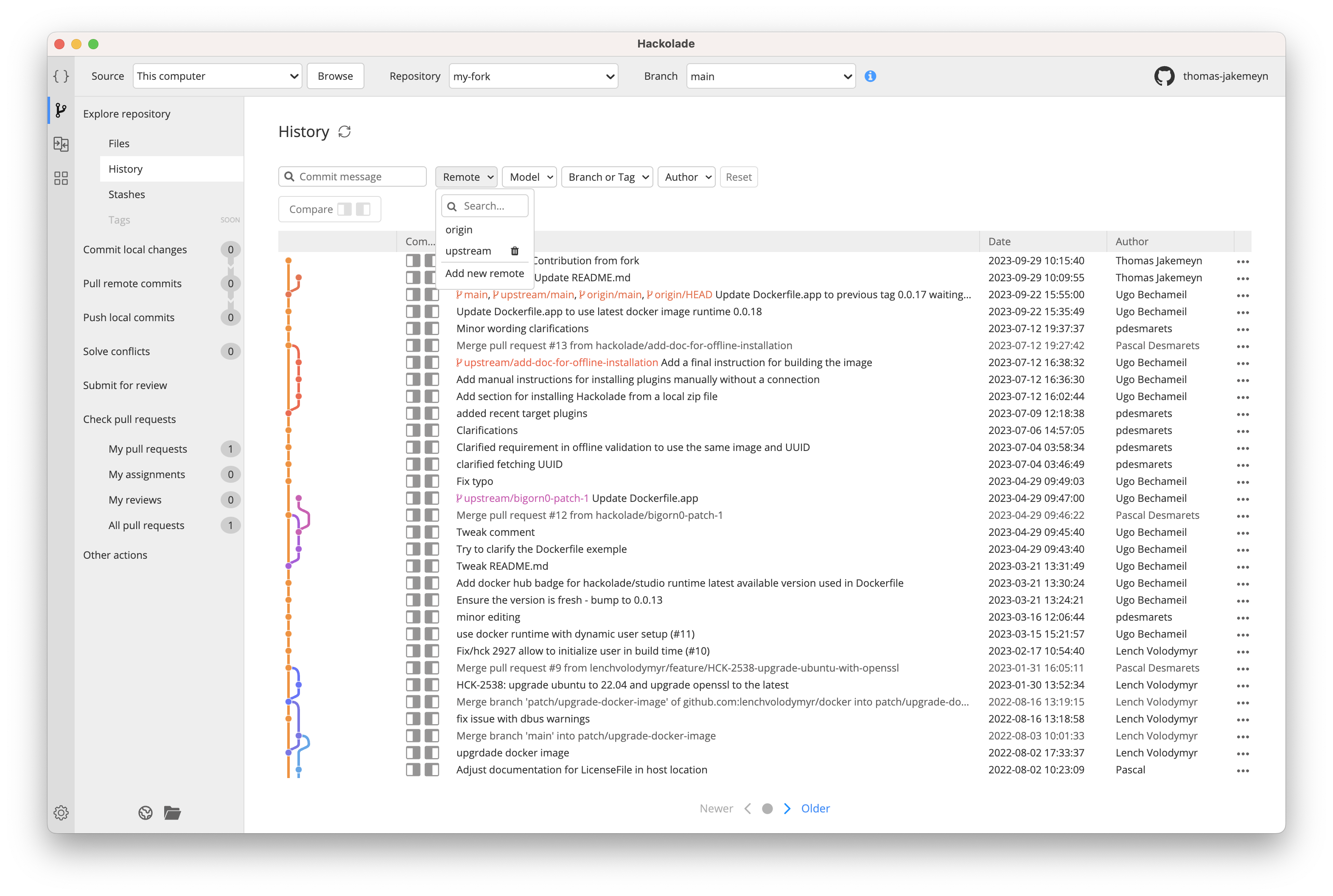 Innersource Fork and Pull - compare fork filter history