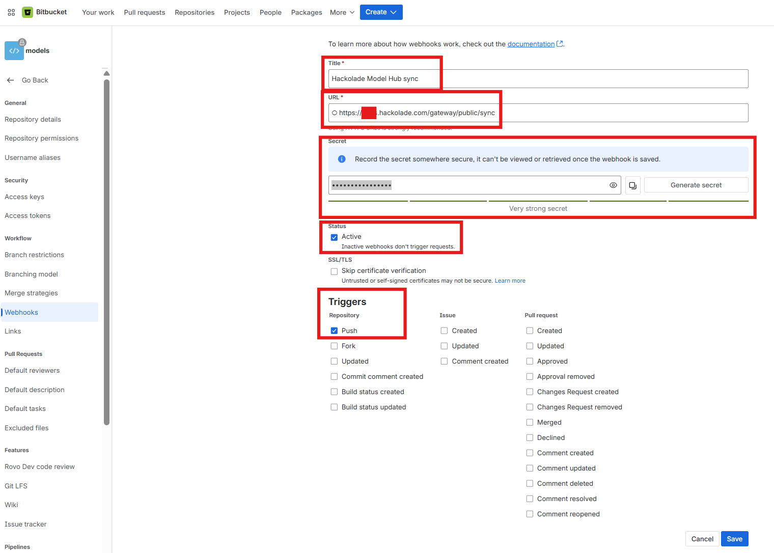 Hub Bitbucket Cloud create webhook