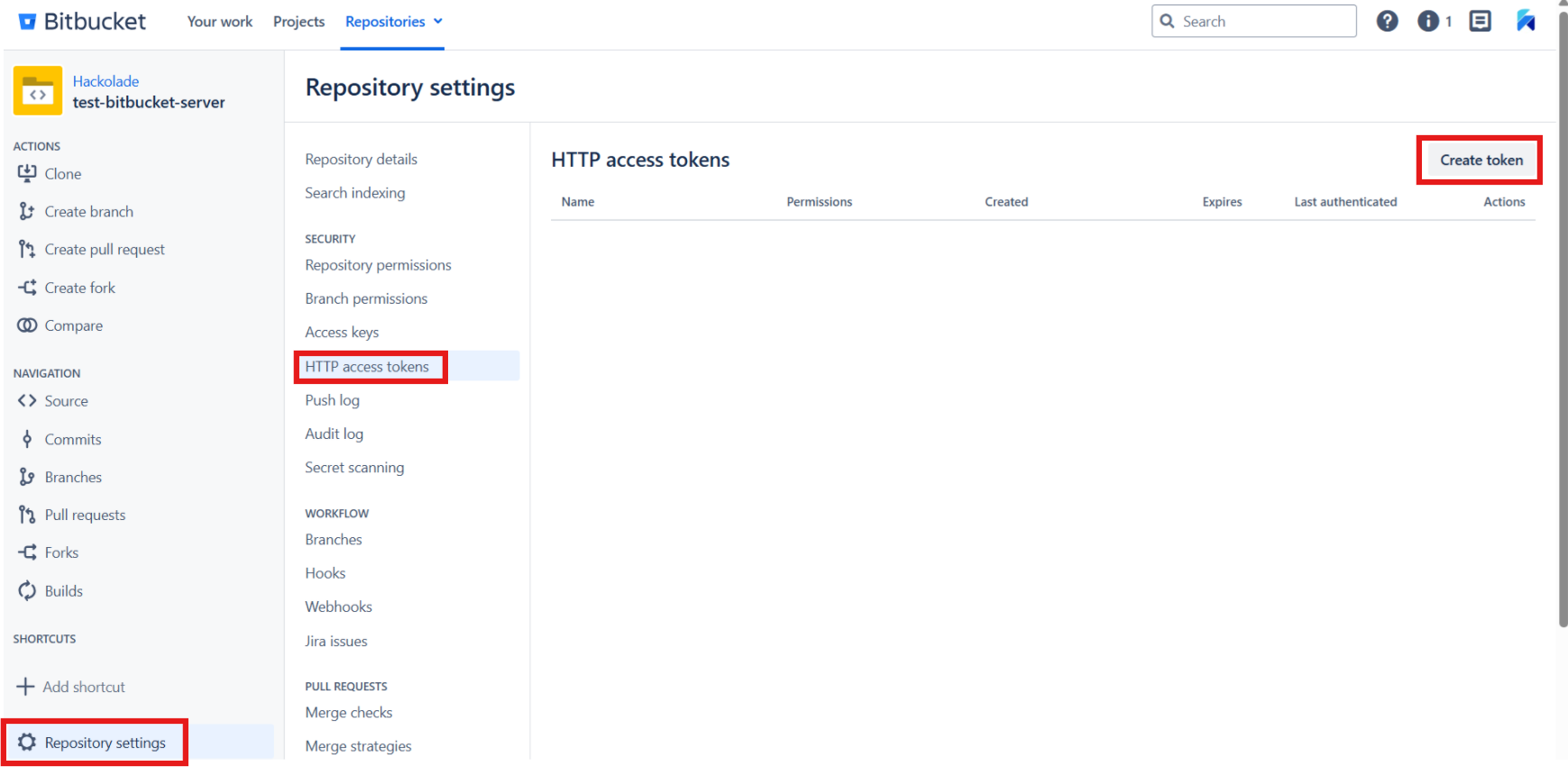 Hub Bitbucket Data Ctr access tokens