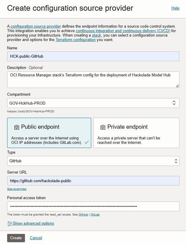 Hub OCI create source provider config