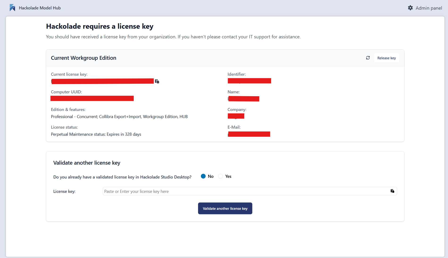 Hub end user license status screen