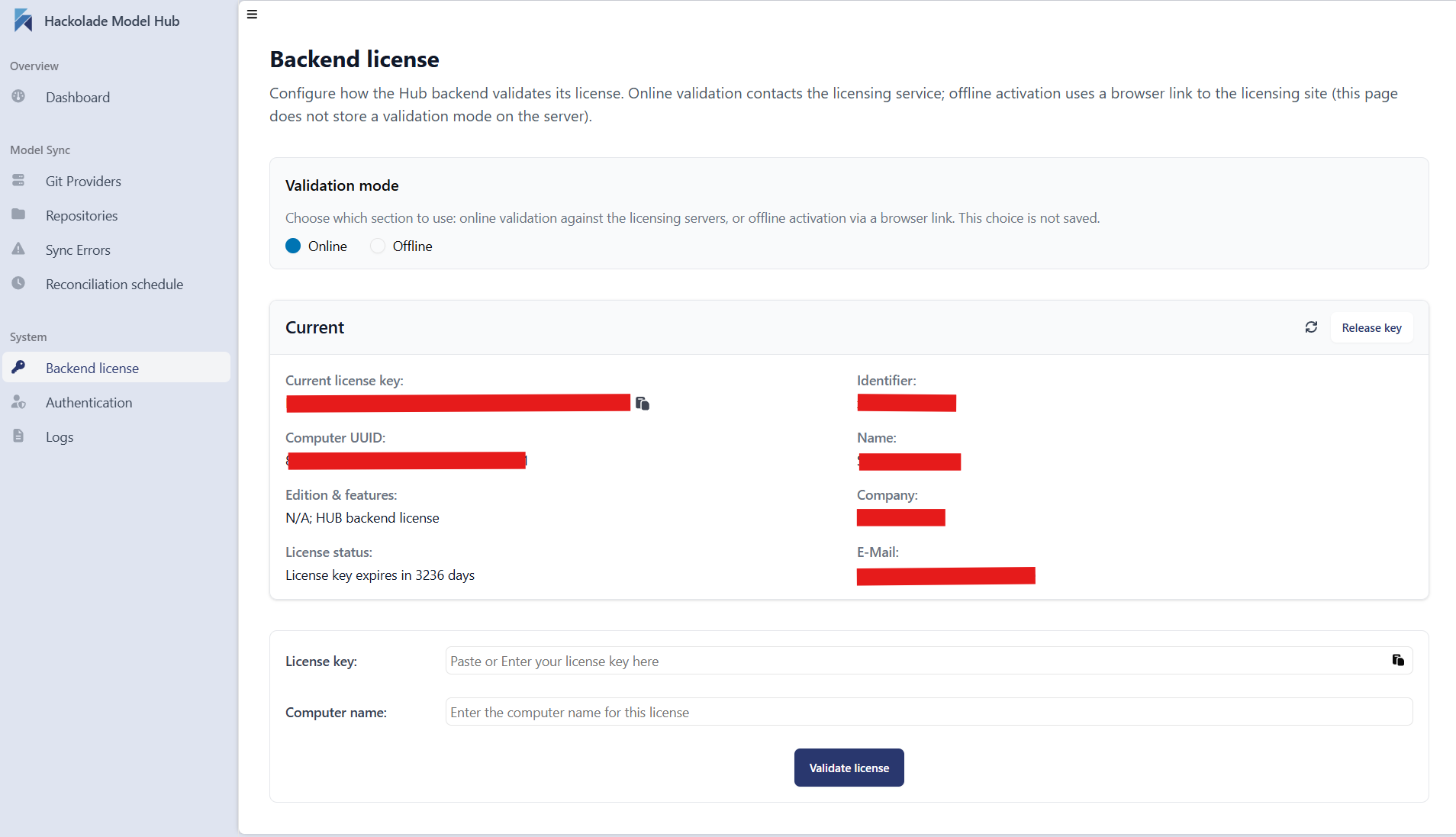 Hub instance license status screen