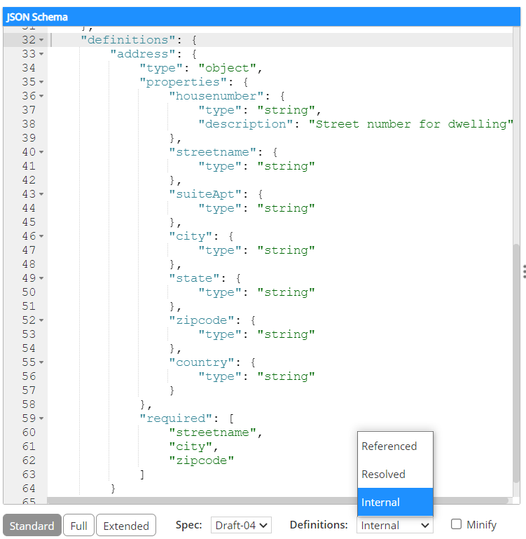 JSON Schema preview Internalized definitions