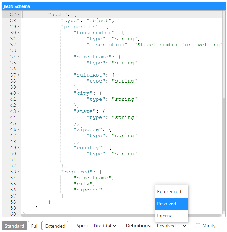 JSON Schema preview Resolved definitions