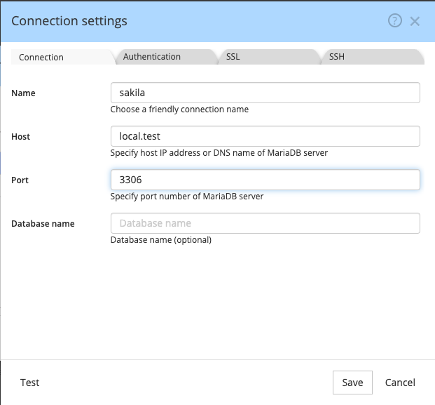 MariaDB connection settings