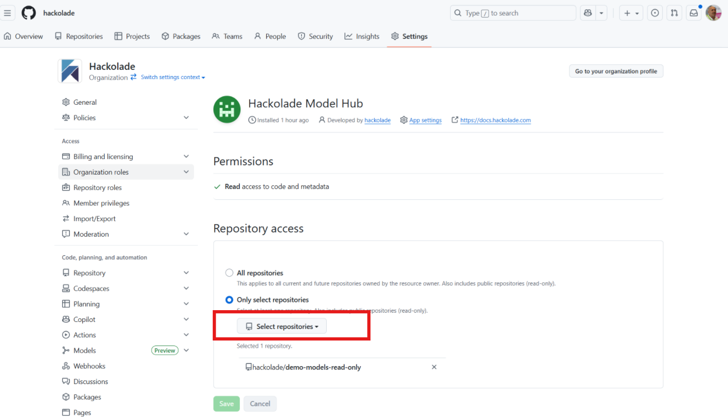 Model Hub GitHub app change repo selection