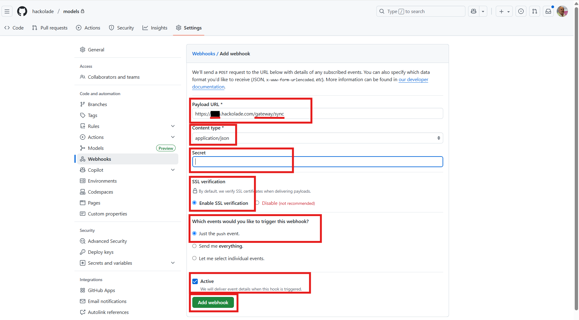 Model Hub GitHub webhook configuration