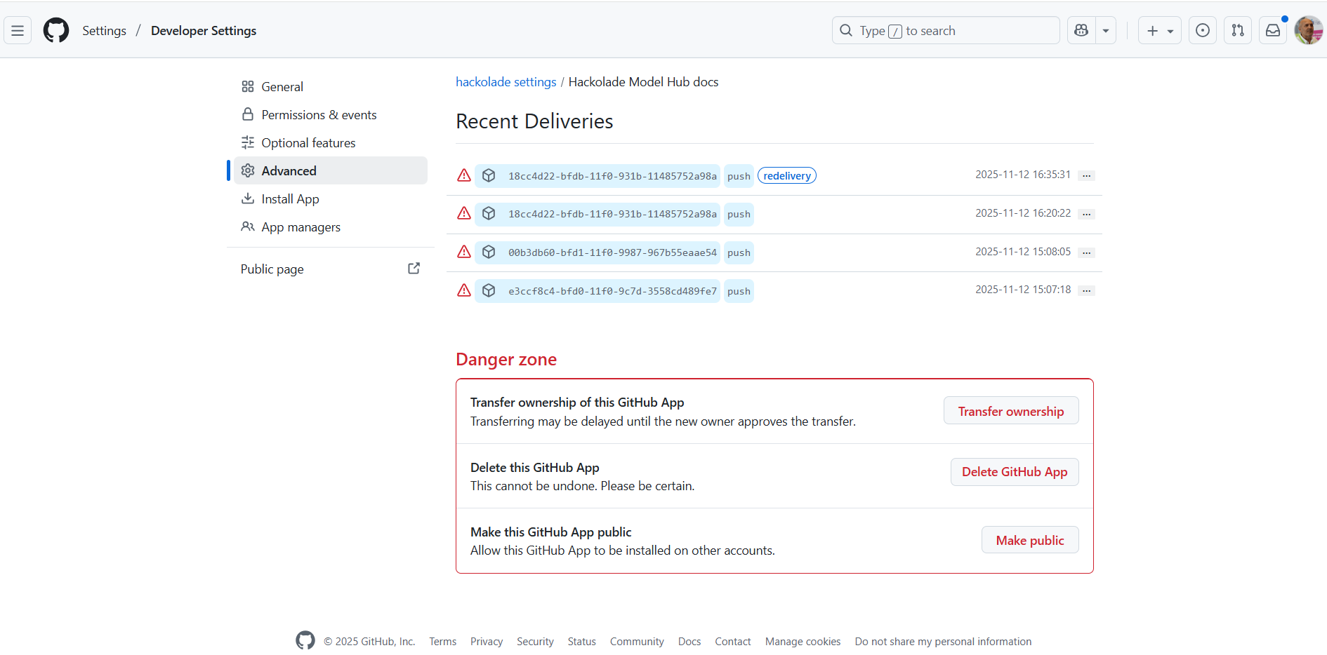 Model Hub GitHub webhook status screen