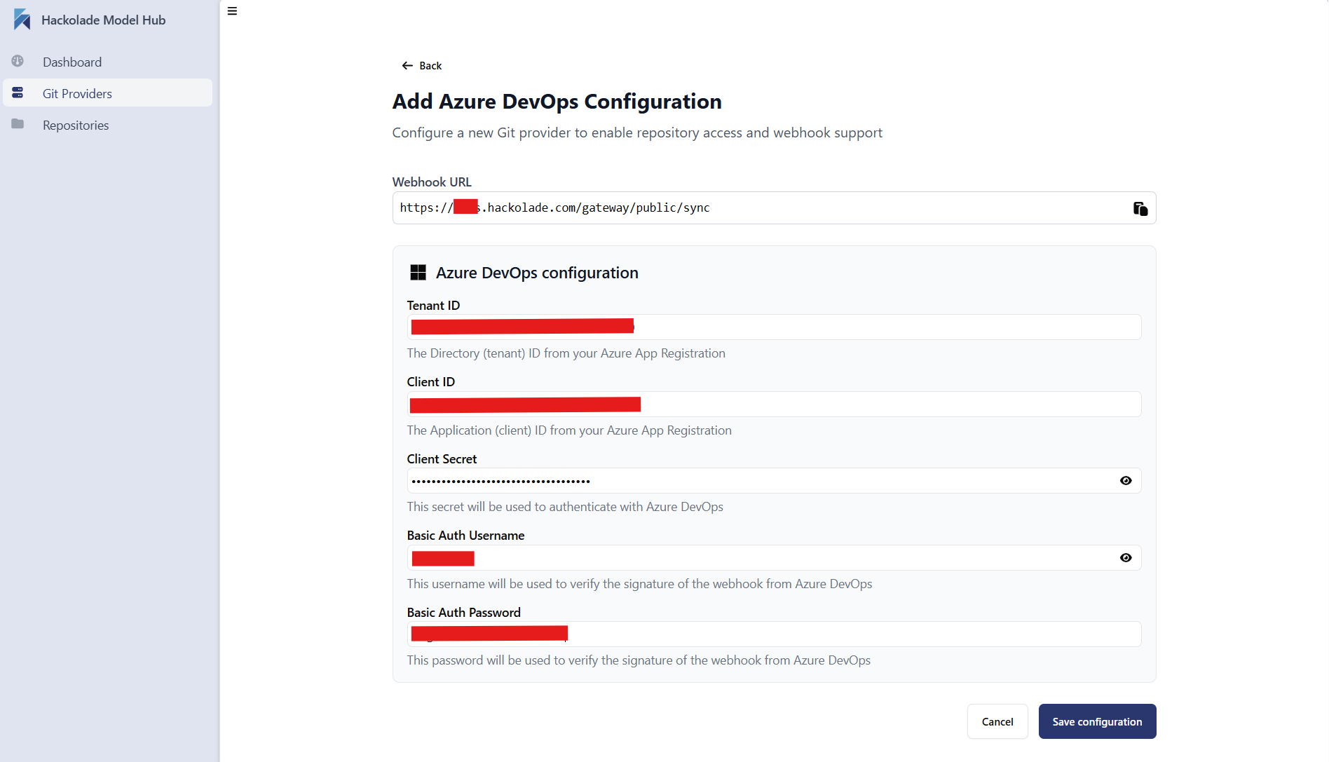 Model Hub admin add Azure DevOps config
