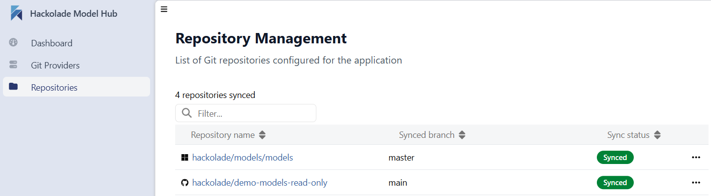 Model Hub admin pane repositories tab