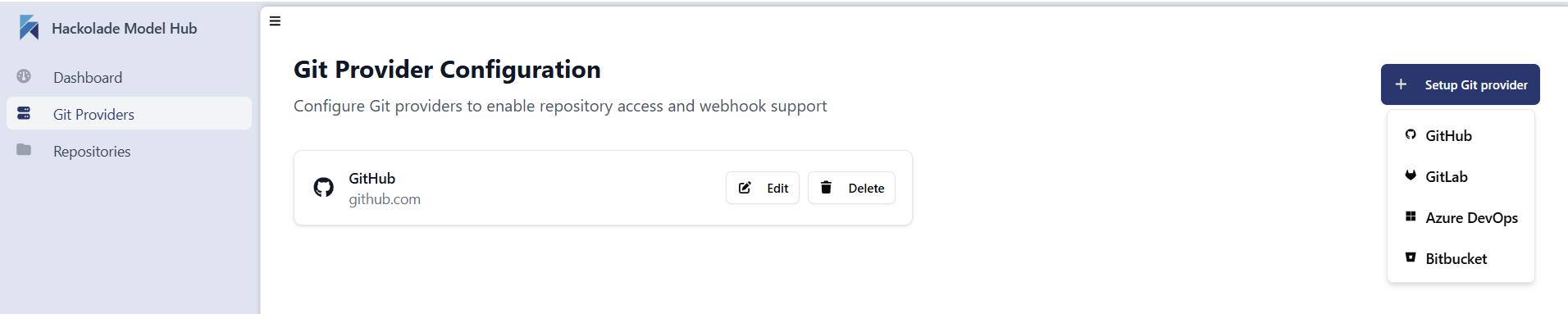 Model Hub set up Git provider
