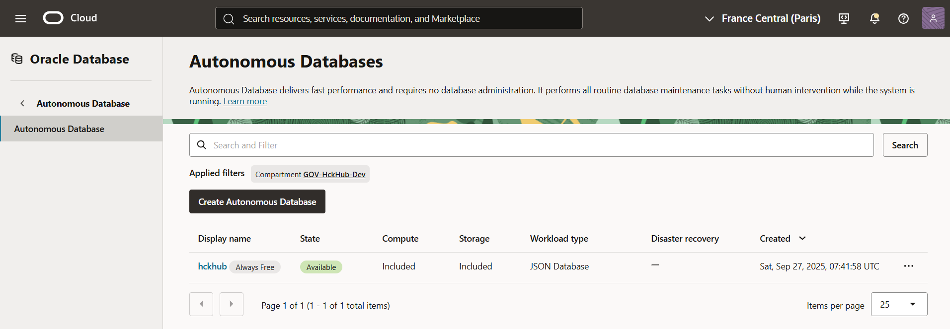 OCI Hub create stack job success DB created
