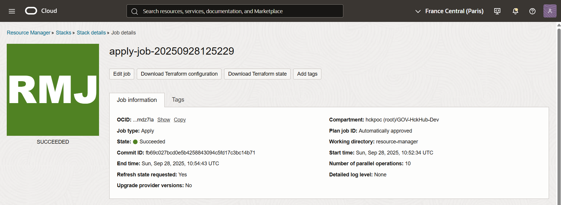 OCI Hub create stack job success