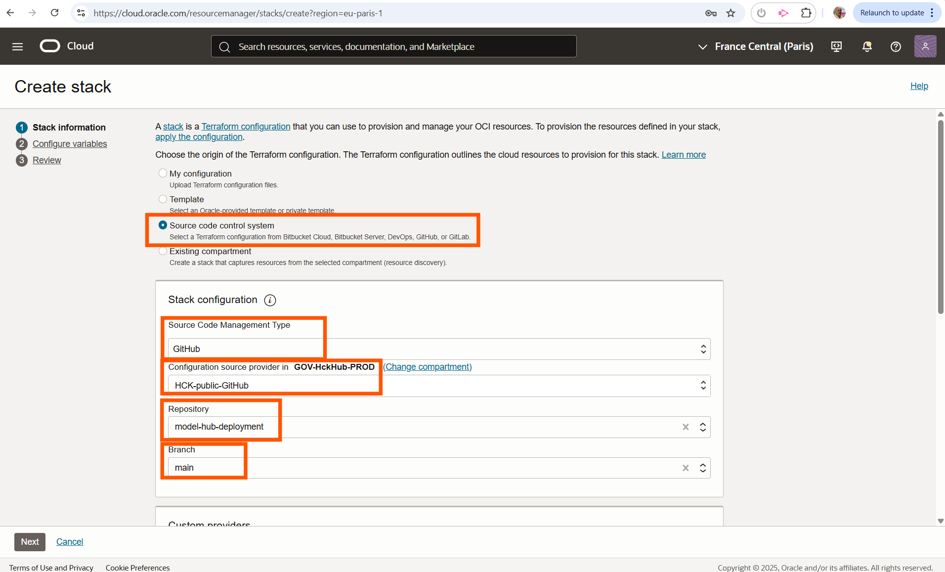 OCI Hub create stack part 1