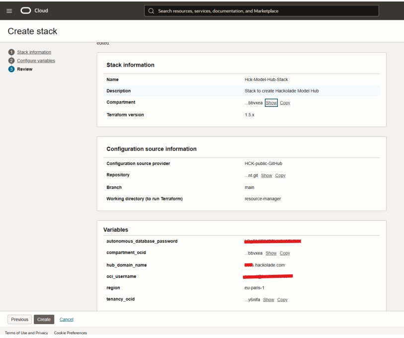 OCI Hub create stack review