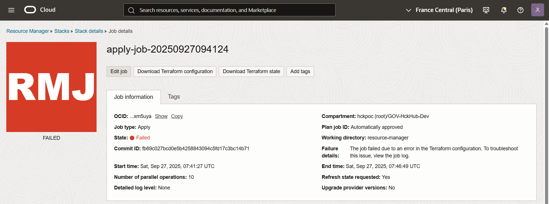 OCI Hub create stack troubleshooting job fail