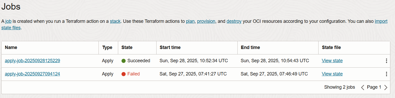 OCI Hub create stack troubleshooting job list