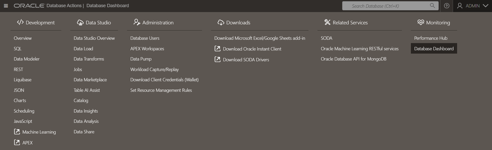 OCI database actions menu