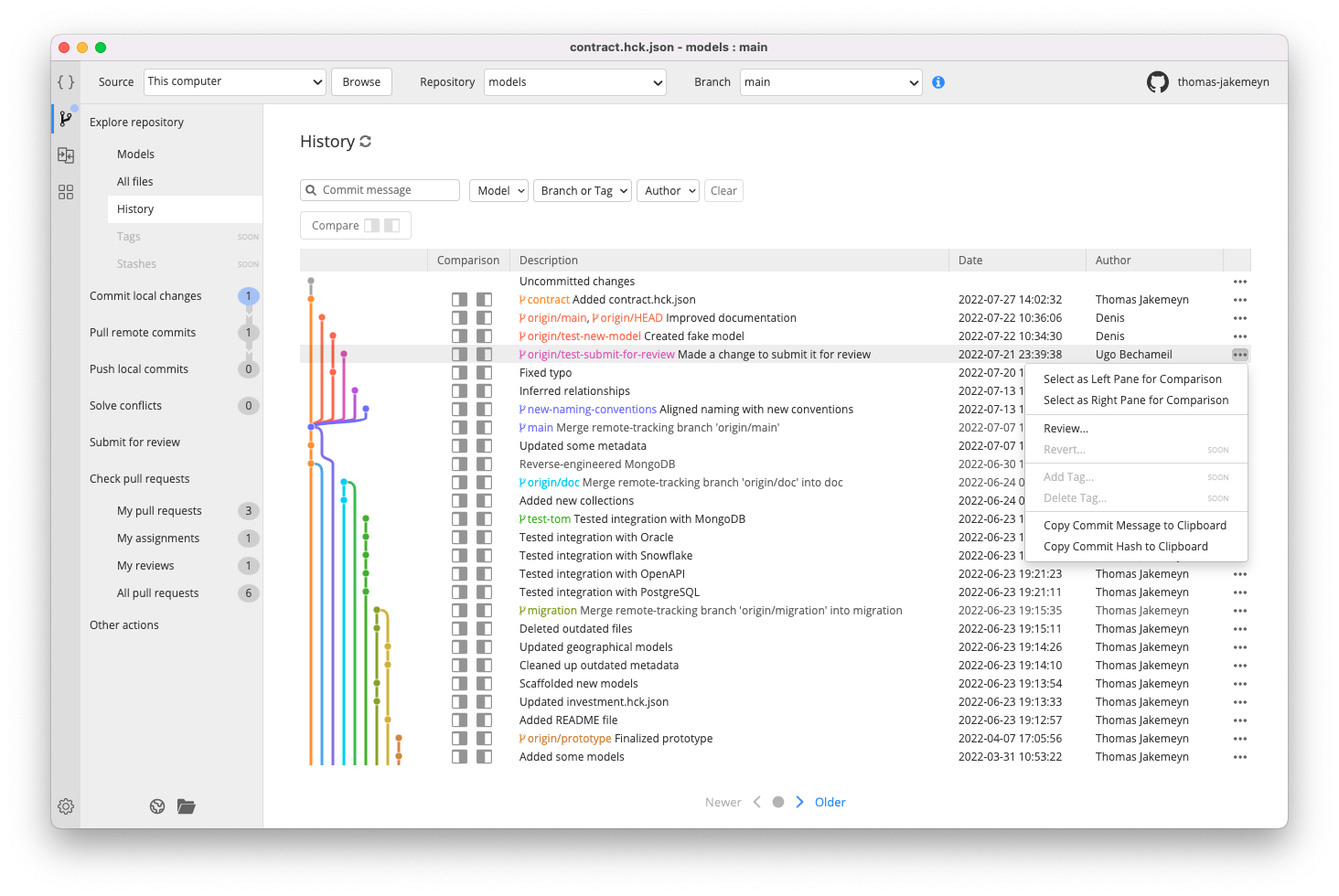 Workgroup - History list contextual menu