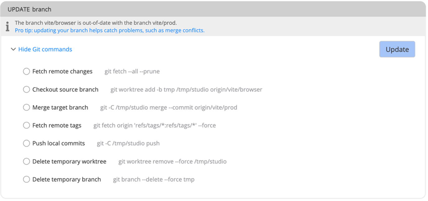 Workgroup update branch git commands