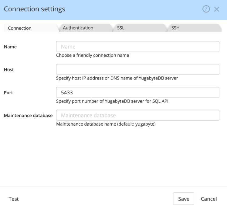 YugabyteDB connection settings