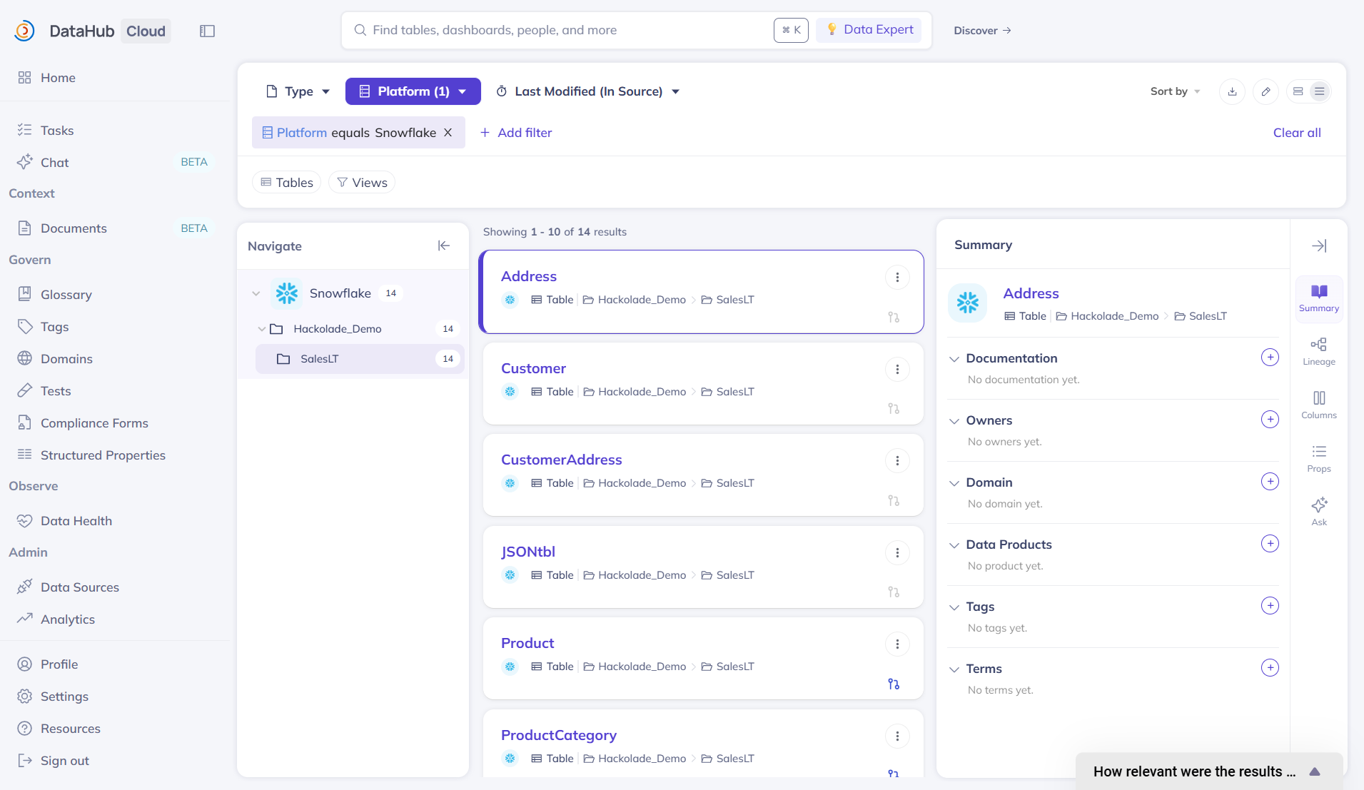 DataHub from Hackolade Studio data model