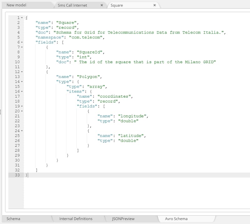 Visual Avro schema editor output