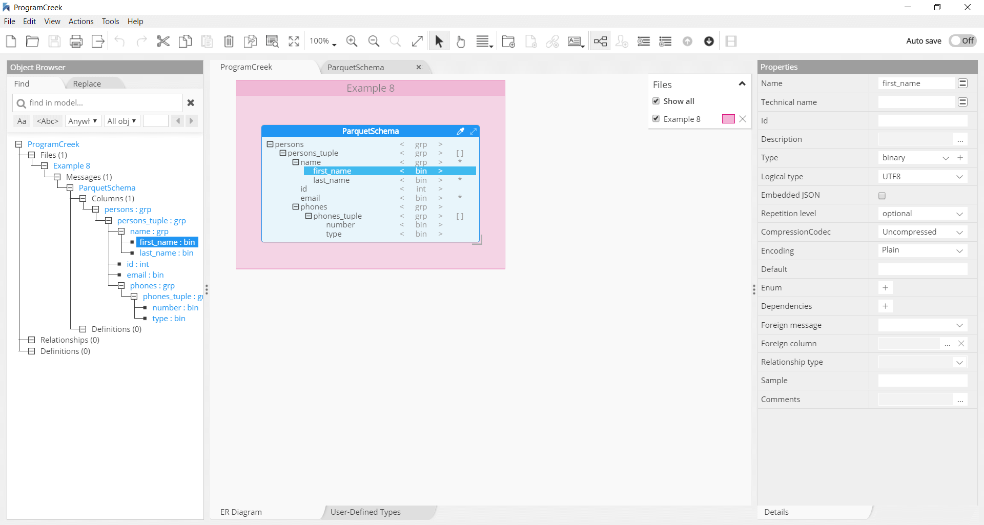 Parquet schema design editor